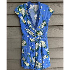 Free People Floral Lace Trim Dress 🌸 Size 8 Blue Button Front Boho Fit & Flare